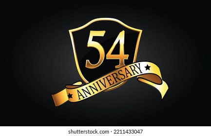 54 year anniversary logo with golden shield and ribbon. Dark elegant concept anniversary. 54th Anniversary celebration background. fifty-fourth anniversary banner vector	
