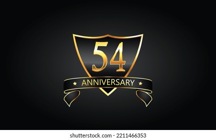 54 year anniversary logo with golden shield and ribbon. Dark concept anniversary. 54th Anniversary celebration background. fifty-fourth anniversary banner vector