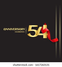 54 year anniversary logo template on black background. golden numbers with red ribbon vector