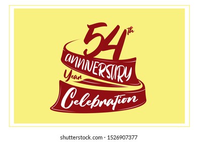 54 year anniversary Red Ribbon, minimalist logo, greeting card. Birthday invitation. 54 year sign. Red space vector illustration on yellow background - Vector
