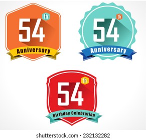 54 year birthday celebration flat color vintage label badge, 54th anniversary decorative emblem - vector illustration eps10