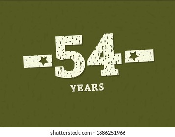 54 years anniversary with badge military, grunge pattern. Army design with star on green camouflage background. Vector perfect for any military labels, posters and armed force etc.
