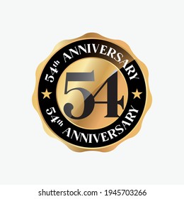 54 Years Anniversary Celebration. Anniversary logo with circle and elegance golden color isolated on black background, vector design