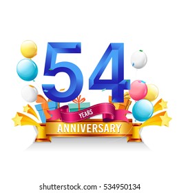 54 Years Anniversary celebration logo, birthday vector illustration, with gift box and balloons, colorful polygonal design.