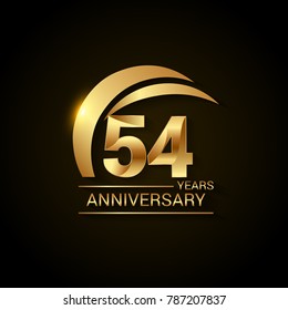 54 Years Anniversary Celebration Logotype. Golden Elegant Vector Illustration  with Gold Swoosh,  Isolated on Black Background can be use for Celebration, Invitation, and Greeting card