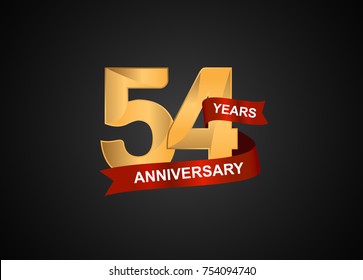 54 years anniversary logotype with elegance gold color and warp red ribbon
