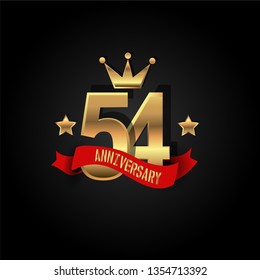 54 years Anniversary simple design with golden font, star and crown and red ribbon. Red ribbon and golden text on top golden number. My all design can see in my portofolio