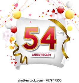 54 years anniversary vector illustration, banner, flyer, logo, icon, symbol. Graphic design element with flag, balloon, ribbon, confetty. Birthday greeting, event celebration