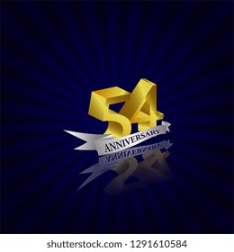 54 years anniversary Vector Template Design with golden color and silver ribbon isolated on blue sunburst background illustration for celebration event - Vector