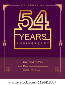 54 years golden anniversary design line style with square golden color for anniversary celebration event.