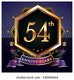 54 years golden anniversary logo celebration with ring and ribbon.