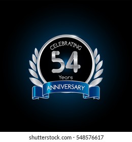 54 years silver anniversary celebration logo with blue ribbon , isolated on dark background