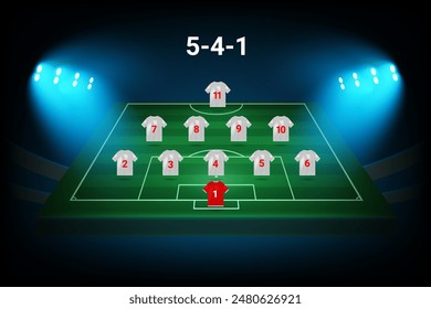 5-4-1 football team formation template. Soccer players with numbers. Vector template
