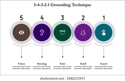 5-4-3-2-1 Grounding Technique - Vision, Hearing, Taste, Smell, Touch. Infographic template with icons and description placeholder