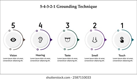 5-4-3-2-1 Grounding Technique - Vision, Hearing, Taste, Smell, Touch. Infographic template with icons and description placeholder