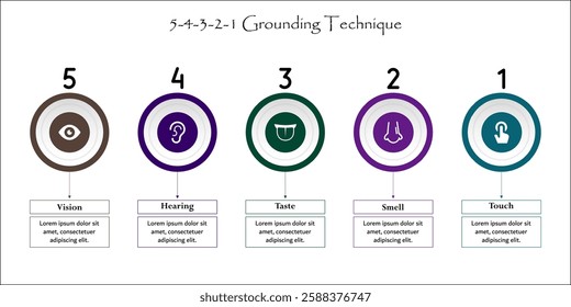 5-4-3-2-1 Grounding Technique - Vision, Hearing, Taste, Smell, Touch. Infographic template with icons and description placeholder