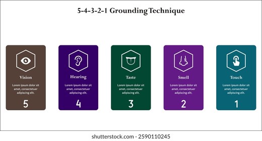 5-4-3-2-1 Grounding Technique - Vision, Hearing, Taste, Smell, Touch. Infographic template with icons and description placeholder