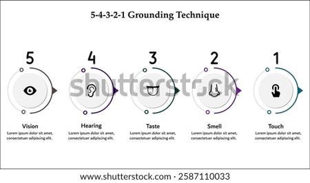 5-4-3-2-1 Grounding Technique - Vision, Hearing, Taste, Smell, Touch. Infographic template with icons and description placeholder