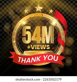 54M+ Views Logotype with Gold and red Confetti Isolated on Black Background(PNG), Vector design for video display celebration.