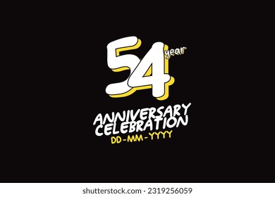 54th, 54 years, 54 year anniversary with white character with yellow shadow on black background-vector