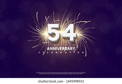 54th anniversary background with illustrations of white numbers in front of exploding firecrackers.