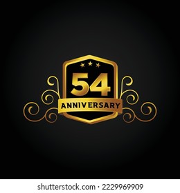 54. Jubiläum, Hintergrund. Vektorgrafik, Schönes Grußbanner Poster und goldenes Logo mit goldenem Text und goldener Nummer.