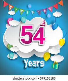 54th Anniversary Celebration Design, with clouds and balloons, confetti. Vector template elements for your, fifty four years birthday celebration party.