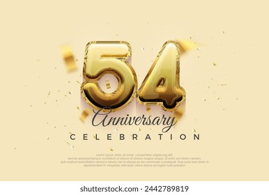 Celebración del 54 aniversario, diseño vectorial con ilustración de globos de oro brillante. Fondo vectorial premium para el saludo y la celebración.