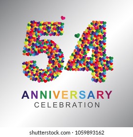 54th anniversary design logotype paper hearts multi-color for celebration.