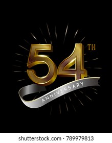 54th Anniversary fireworks and ahiny ribbon. gold anniversary logo on black background