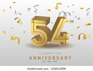 54th Anniversary gold numbers with golden confetti. Celebration 10th anniversary event party template.