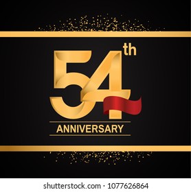 54th anniversary golden design with red ribbon and glitter isolated on black background for celebration