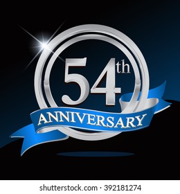 54th anniversary logo with blue ribbon and silver ring, vector template for birthday celebration.