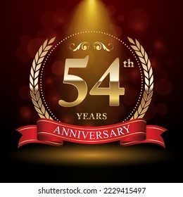 54th Anniversary. Anniversary logo design with Laurel wreath and red ribbon for celebration event, wedding, invitation, greeting card. Vector illustration