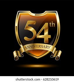 54th anniversary logo with golden shield and ribbon. Vector illustration celebration template