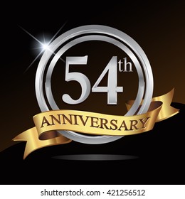 54th anniversary logo, with shiny silver ring and gold ribbon isolated on black background. vector design for birthday celebration.