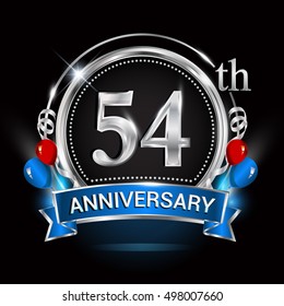54th anniversary logo with silver ring,balloons and blue ribbon. Vector design template elements for your birthday celebration.