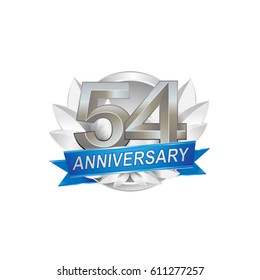 54th Anniversary logo with silver wreath, silver number, blue ribbon