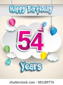 54th birthday Celebration Design, with clouds and balloons. Design greeting card and invitation for the celebration fifty of fifty four years anniversary