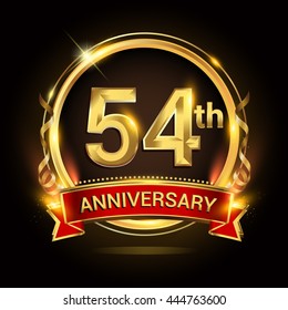 54th golden anniversary logo with ring and red ribbon, vector design.