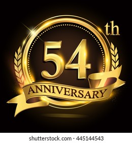 54th golden anniversary logo with ring and ribbon, laurel wreath vector design.