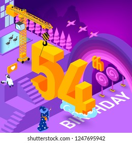 54th year Anniversary Celebration concept with characters. Flat isometric vector illustration