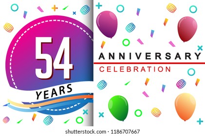 54th years anniversary celebration with colorful balloons and confetti, design for greeting card birthday celebration