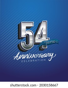 54th years anniversary celebration logotype with silver color and blue ribbon isolated on blue background