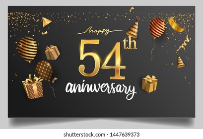 54th years anniversary design for greeting cards and invitation, with balloon, confetti and gift box, elegant design with gold and dark color, design template for birthday celebration.