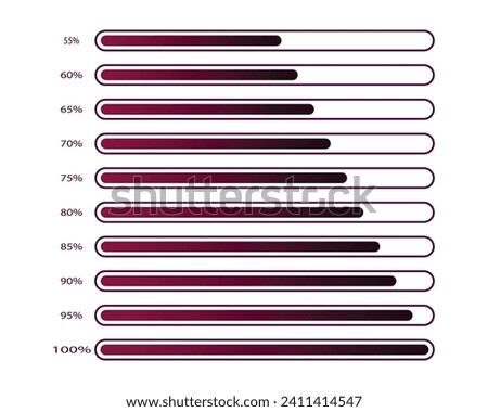 55 to 100 percentage infographics full battery charge, energy level, progress, growth, power vector sign symbols.