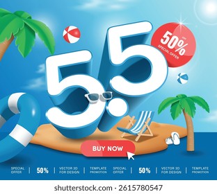 5.5 3D white blue border and 50% mold discount promotional sign placed on bright sunny background with coconut tree and summer atmosphere, vector 3d illustration for mega sale advertising design