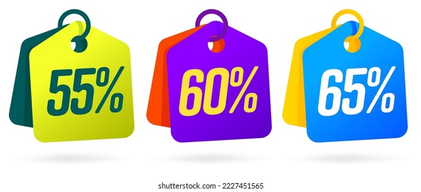 55, 60, 65 percent off price tag set. Color sale tag, product badge label vector illustration isolated on white background. Different discount promotion for marketing campaign