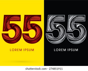 55 ,Abstract Number , font, concept  Spin, designed using red,black and white, grunge brush, sign.