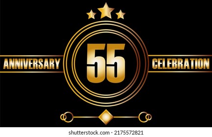 55 anniversary celebration. Fifty-five years birthday celebration banner with bright gold color.